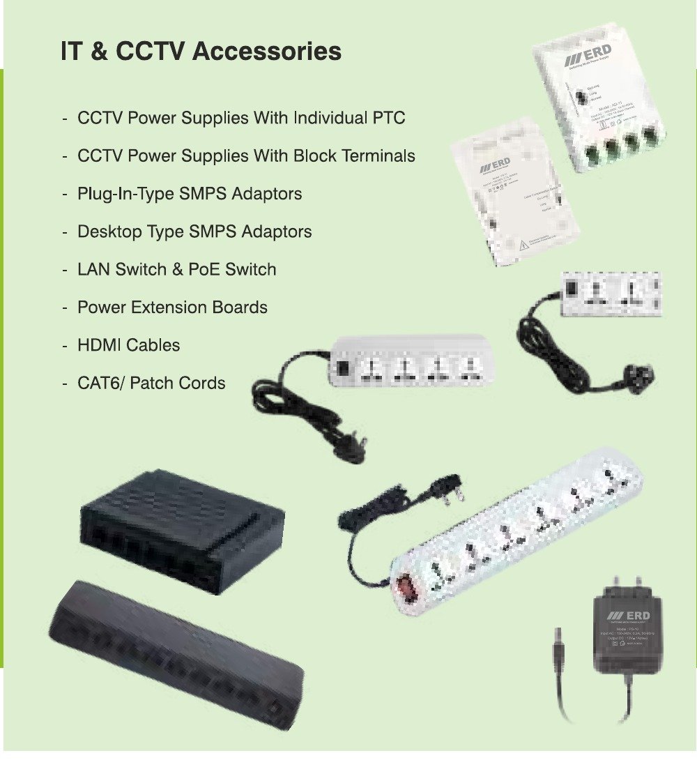 CCTV power supplies, SMPS adaptors, switches
